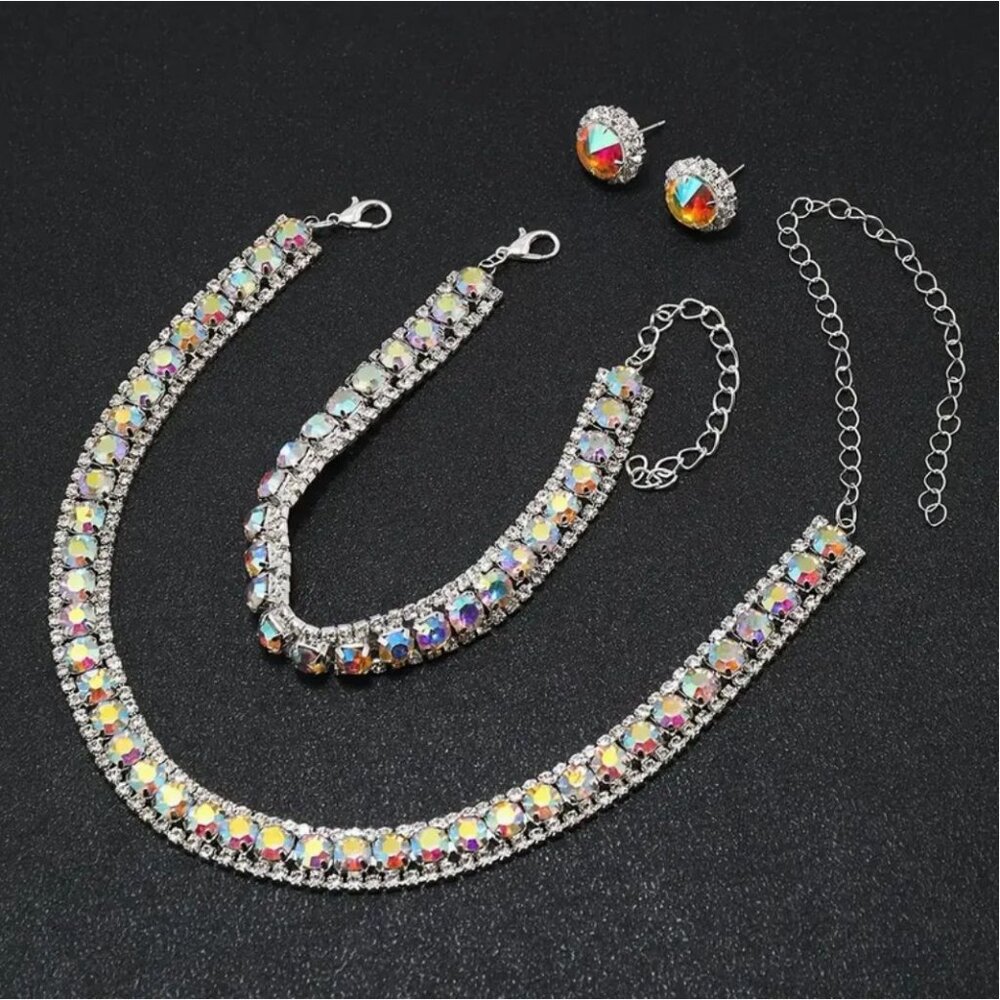 Iridescent Crystal Rhinestone Necklace Bracelet & Earrings Set Silver Tone - Picture 2 of 4